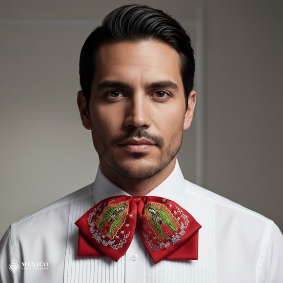 Red Mexican Embroidered Charro Moño – Traditional Satin Mariachi Bow Tie - Picture 3 of 6